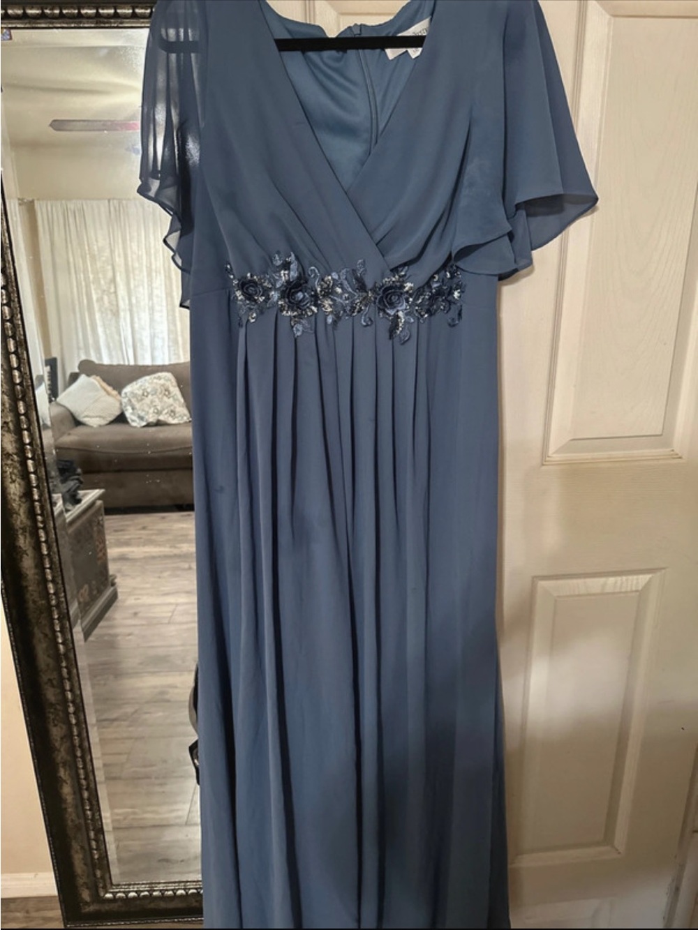 Ever Pretty Dusty Blue Chiffon Maxi Gown with Floral Waist Appliqué